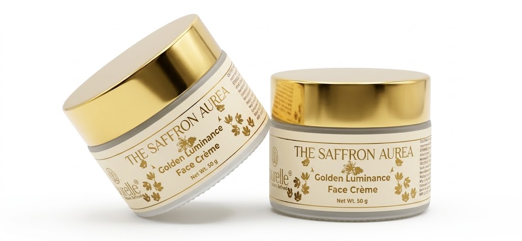 THE SAFFRON AUREA | Golden Luminance Face Crème 4 Saffron Aurea face crème texture with saffron stigma and sandalwood — bio-active botanical skincare