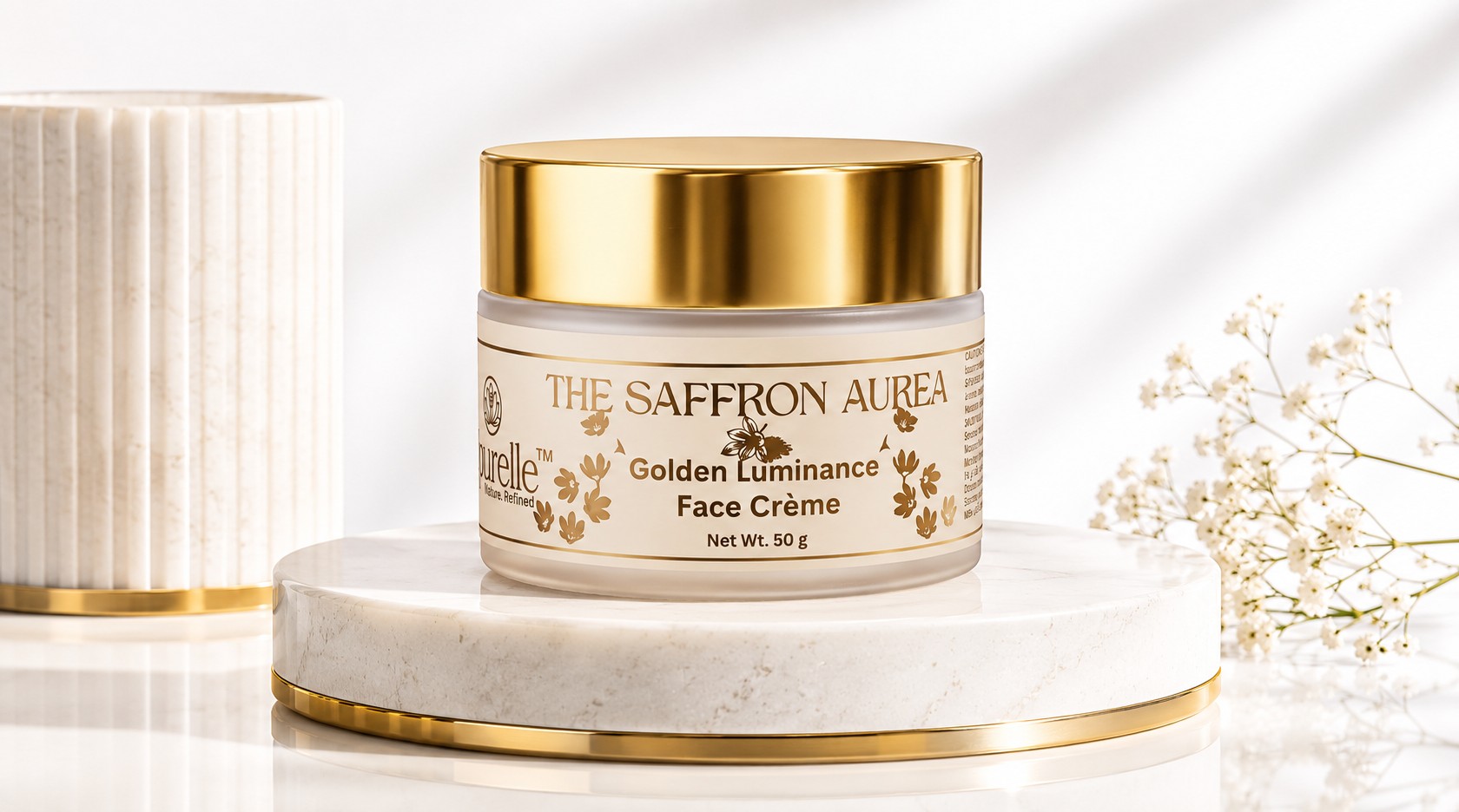 THE SAFFRON AUREA | Golden Luminance Face Crème 2 Saffron Aurea face crème texture with saffron stigma and sandalwood — bio-active botanical skincare