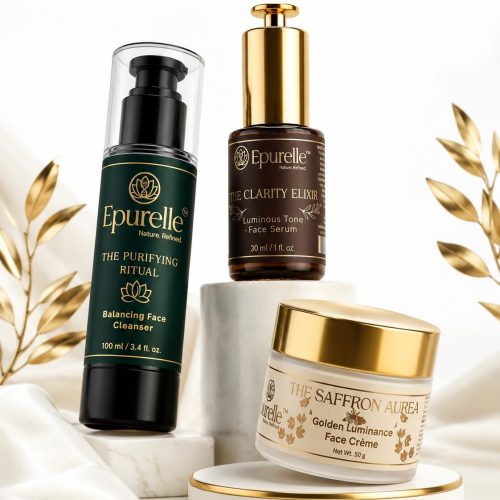 Epurelle Dawn Trio morning skincare ritual — cleanser, serum and saffron crème bundle India