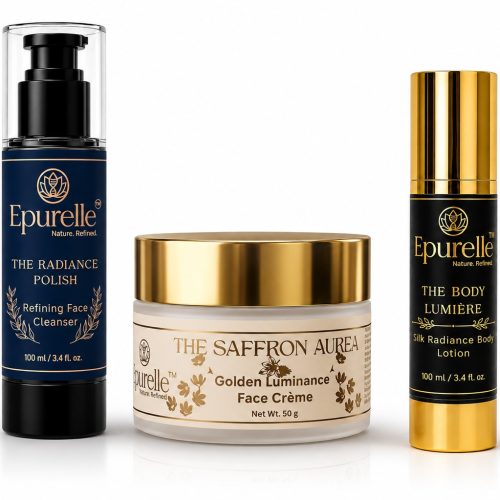 Epurelle Luminate Trio glow skincare ritual — de-tan wash, saffron crème and body lotion bundle India